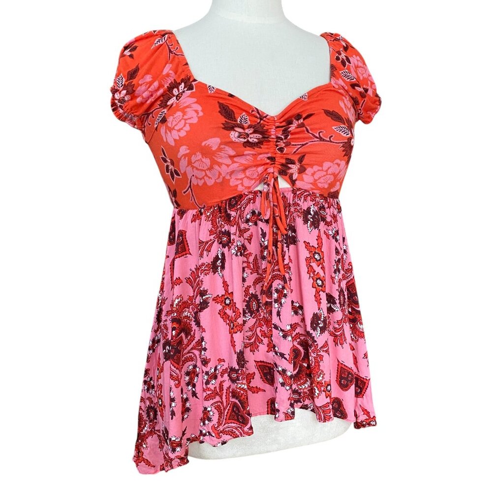 Free People La Bamba Babydoll Milkmaid Floral Top Y2K Coast Tropical Coquette-XS